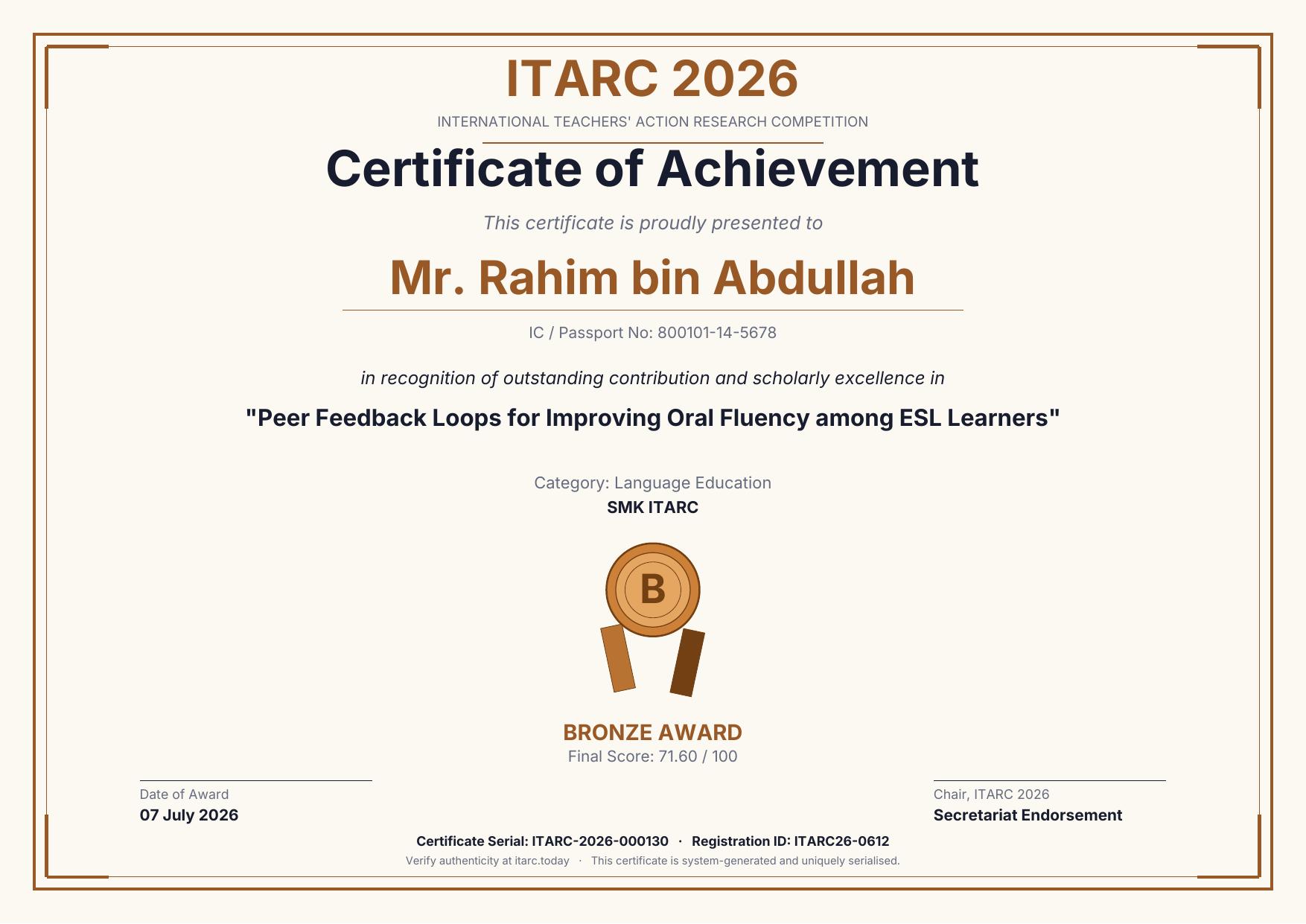 Bronze Award sample certificate for ITARC 2026