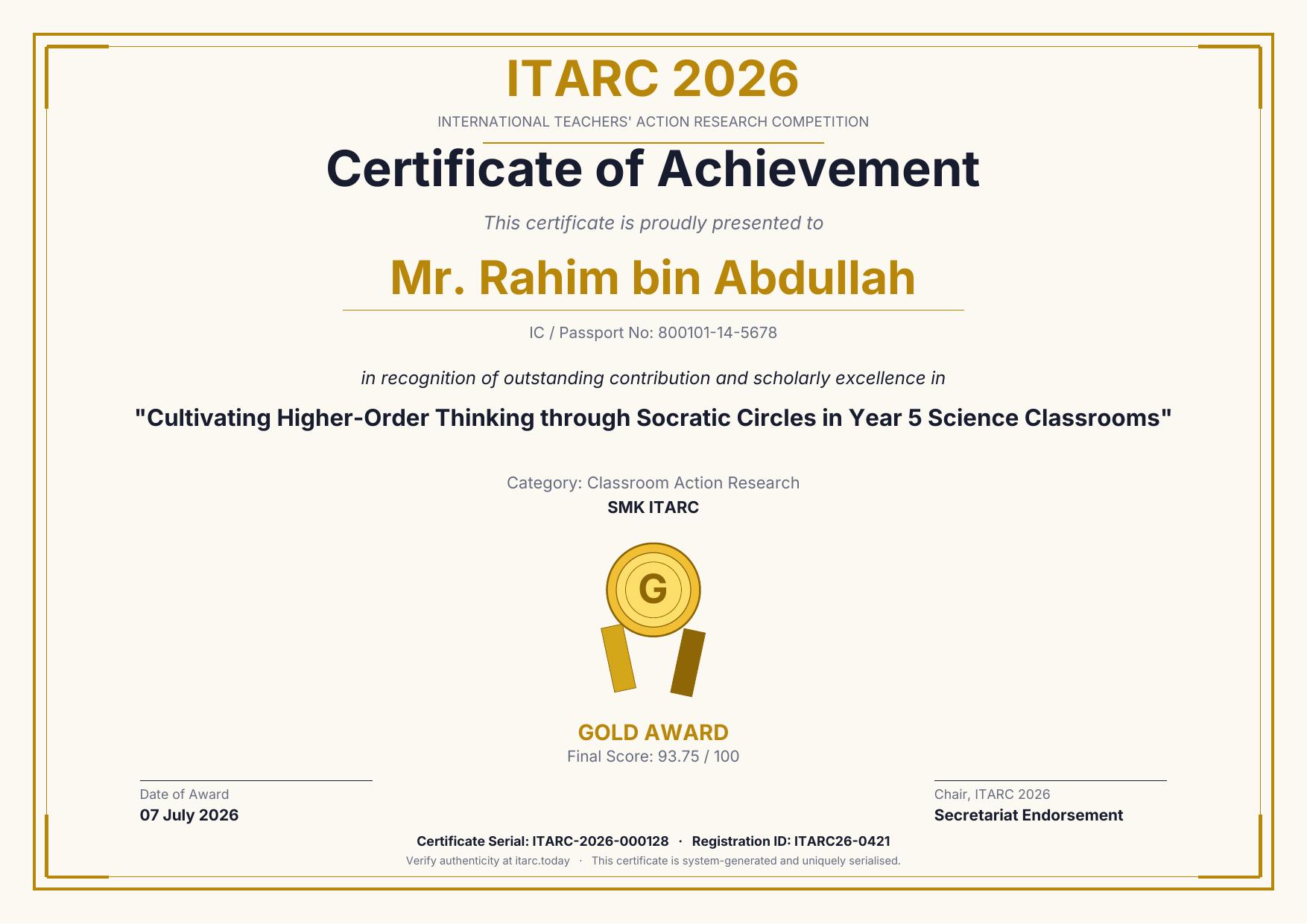 Gold Award sample certificate for ITARC 2026