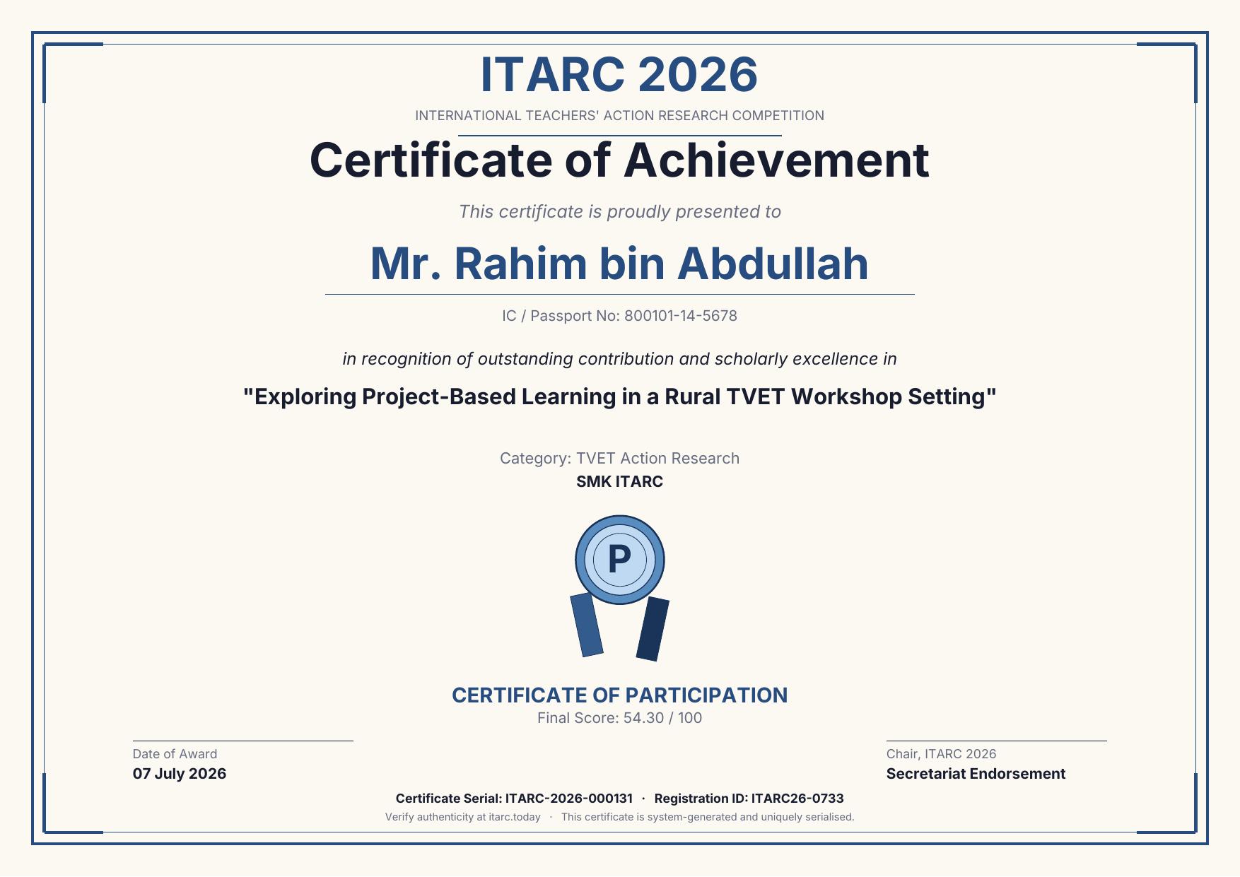 Certificate of Participation sample certificate for ITARC 2026