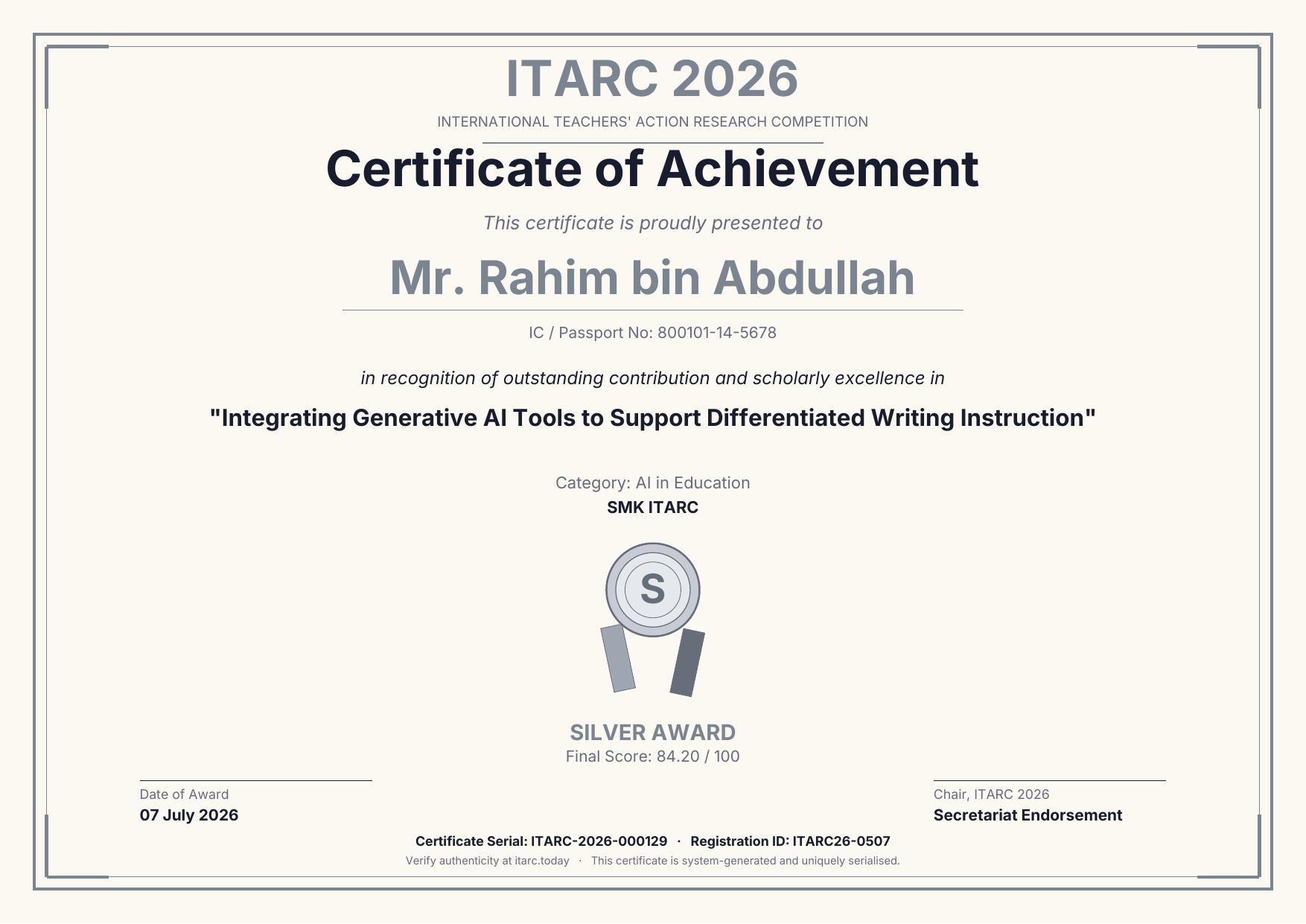 Silver Award sample certificate for ITARC 2026